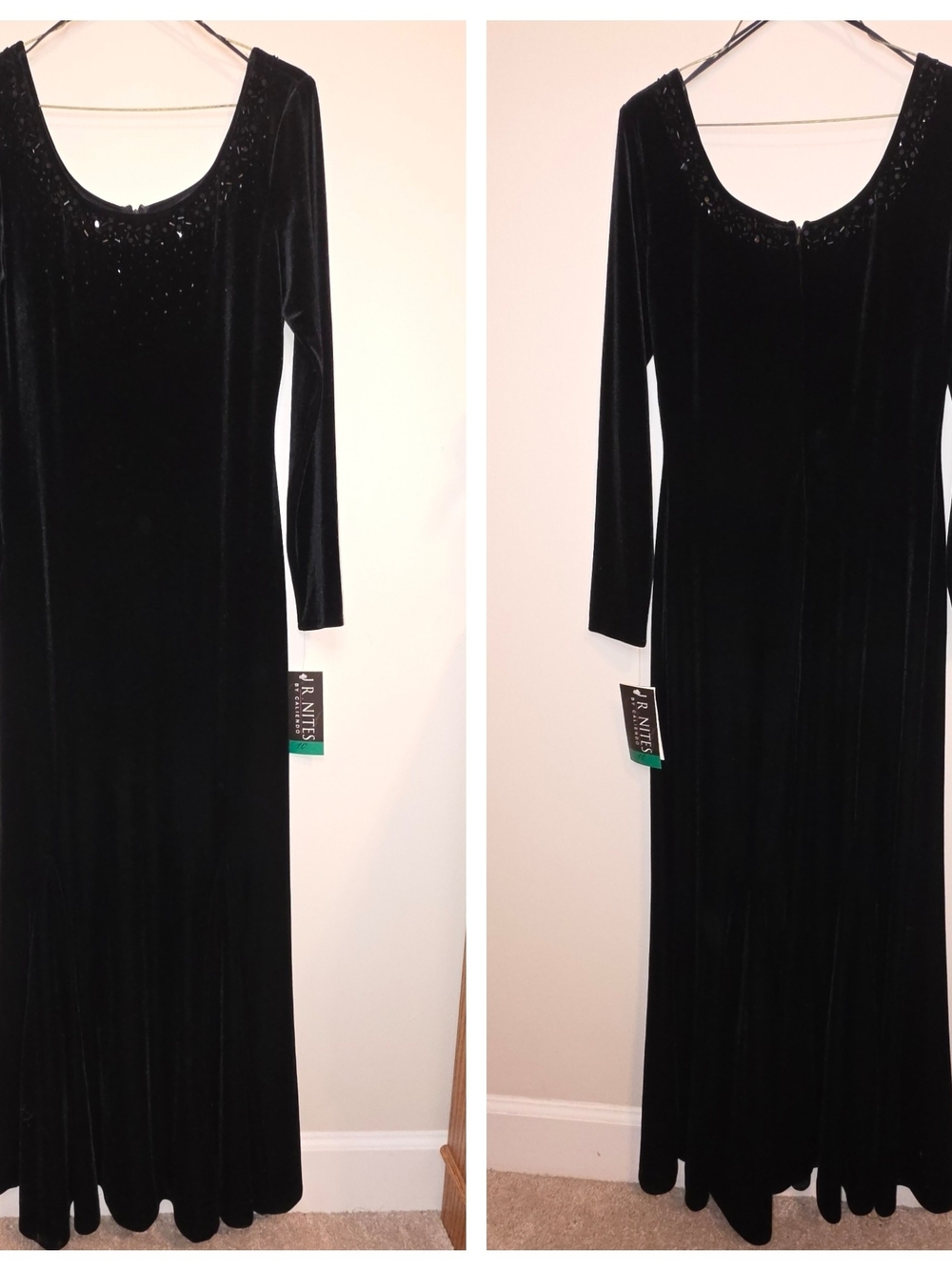 J.R. Nites Black Velvet Long-Sleeve Maxi Dress with Bead-Trim Scoop Neck